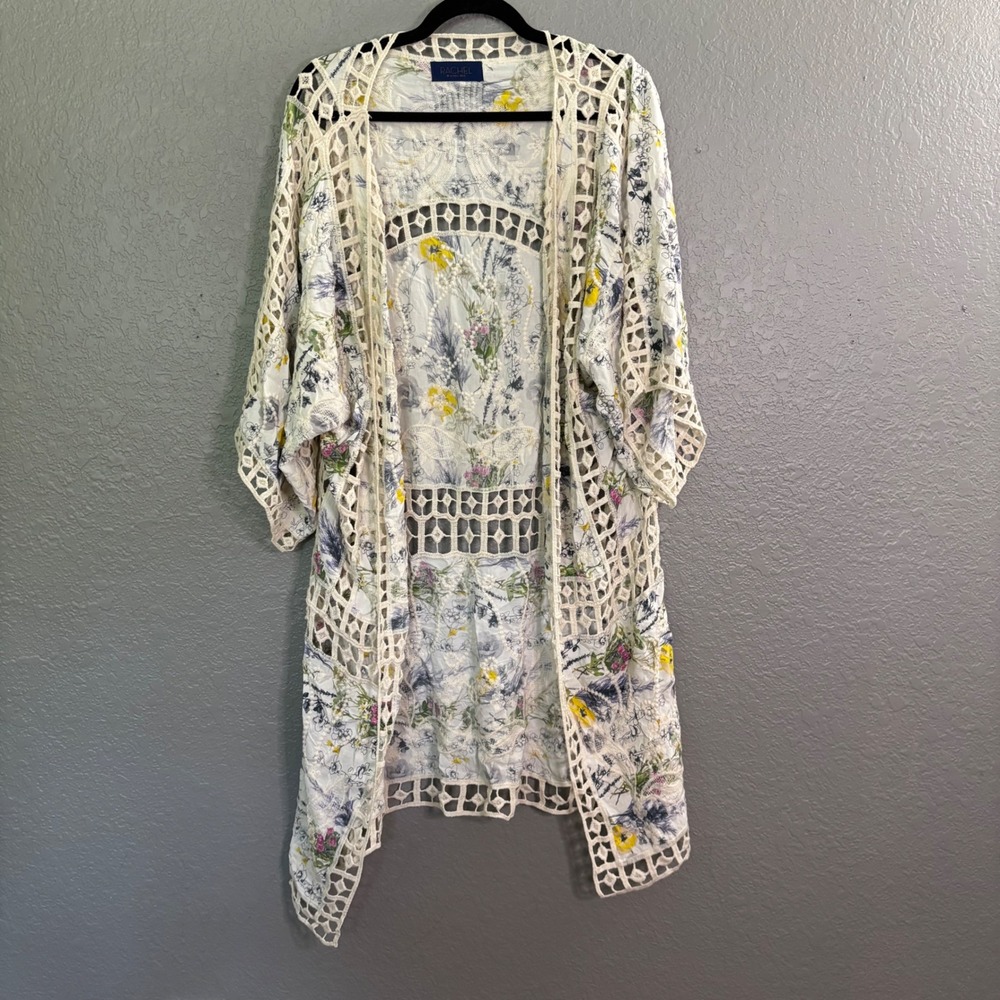 Rachel Roy Floral Crochet Lace Kimono Cardigan White Yellow One Size